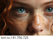 Red-haired girl with eyes with heterochromia close-up,  Generative AI. Стоковое AI-изображение, AI-художник Анна Кривицкая / Фотобанк Лори