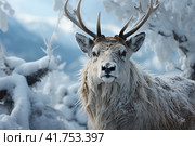 Reindeer in the cold, frost and frost, portrait,  Generative AI. Стоковое AI-изображение, AI-художник Анна Кривицкая / Фотобанк Лори