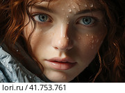 Red-haired girl with eyes with heterochromia close-up,  Generative AI. Стоковое AI-изображение, AI-художник Анна Кривицкая / Фотобанк Лори