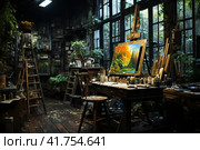 Clean, tidy, modern Painter's Studio,nigth, darkness,, watercolor ,  Generative AI. Стоковое AI-изображение, AI-художник Анна Кривицкая / Фотобанк Лори
