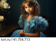 Young girl, child in a blue fluffy dress in retro style. vintage,  Generative AI. Стоковое AI-изображение, AI-художник Анна Кривицкая / Фотобанк Лори