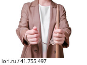 Arrested woman teacher handcuffed on a isolated on a white background, copy space. Стоковое фото, фотограф Андрей Журавлев / Фотобанк Лори
