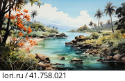 Watercolor tropical jungle and beach, colorful, soothing nursery art, idyllic, paradisiacal. ,    Generative AI. Стоковое AI-изображение, AI-художник Анна Кривицкая / Фотобанк Лори