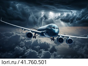 Airplane in the sky during a thunderstorm and severe turbulence. Стоковое AI-изображение, AI-художник Юрий Поздников / Фотобанк Лори