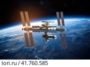 International Space Station (ISS) Orbiting Earth in Outer Space Exploration and Technology Concept. Стоковое AI-изображение, AI-художник Юрий Поздников / Фотобанк Лори