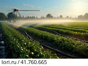 Efficient irrigation system for providing plants with adequate water supply. Стоковое AI-изображение, AI-художник Юрий Поздников / Фотобанк Лори
