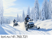 Winter Wonderland Exploration: Exciting Snowmobiling Amidst Serene Snowy Forests. Стоковое AI-изображение, AI-художник Юрий Поздников / Фотобанк Лори