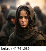 Portrait of Refugees on middle east looking at camera. Homeless people, unhappy and frightened, shawl camps,  Generative AI. Стоковое AI-изображение, AI-художник Анна Кривицкая / Фотобанк Лори
