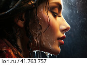 A young beautiful girl stands in the rain and smiles easily. Generated by AI. Стоковое AI-изображение, AI-художник Ярославский Максим / Фотобанк Лори