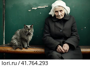 An elderly woman, a pensioner, on the street on a bench with a cat at the entrance.,  Generative AI. Стоковое AI-изображение, AI-художник Анна Кривицкая / Фотобанк Лори