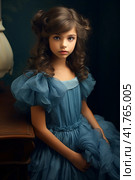 Young girl, child in a blue fluffy dress in retro style. vintage,  Generative AI. Стоковое AI-изображение, AI-художник Анна Кривицкая / Фотобанк Лори