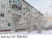 Двор старой панельной хрущевки зимой. Россия, Владивосток (2022 год). Стоковое фото, фотограф Денис Станиславович Кабелев / Фотобанк Лори