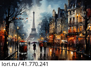 Rainy Paris, drawing in bright colors  Generative AI. Стоковое AI-изображение, AI-художник Анна Кривицкая / Фотобанк Лори