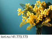 Mimosa flowers bouquet on a blue background. Easter, Mothers Day, Women's day concept. Copy space for text. Стоковое AI-изображение, AI-художник Ирина Михайличенко / Фотобанк Лори