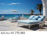 Sea view. Luxury modern white beach hotel with swimming pool. Sunbed on sundeck for vacation home or hotel. Стоковое AI-изображение, AI-художник Ирина Михайличенко / Фотобанк Лори