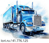 A large blue cargo truck for long-distance cargo transportation. The concept of cargo transportation. Стоковое AI-изображение, AI-художник Ярославский Максим / Фотобанк Лори