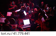 Symphony orchestra concert in mysterious darkness under stage spotlights. The conductor controls the orchestra. Редакционное видео, видеограф Евгений Ткачёв / Фотобанк Лори