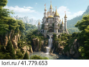 A beautiful fairytale castle on the edge of the forest, surrounded by green foliage and powerful trees. Стоковое AI-изображение, AI-художник Юрий Поздников / Фотобанк Лори