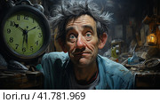 Sleep-deprived man tired from midnight work, computer developer, cartoon style  Generative AI. Стоковое AI-изображение, AI-художник Анна Кривицкая / Фотобанк Лори