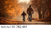 A young father and a little boy ride bicycles along the empty paths of an autumn park in the early morning. Generated by AI. Стоковое AI-изображение, AI-художник Ярославский Максим / Фотобанк Лори