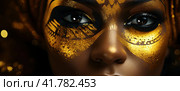 Close-up of an artistic portrait of a beauty fantastic golden professional makeup of an African woman, satin lips, drops of liquid gold paint. Generated by AI. Стоковое AI-изображение, AI-художник Ярославский Максим / Фотобанк Лори