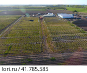 Frameworks of greenhouses, top view. Construction of greenhouses in the field. Agriculture, agrotechnics of closed ground. Стоковое фото, фотограф Леонид Еремейчук / Фотобанк Лори