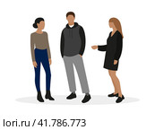 Мужчина и две героини женского пола общаются на белом фоне. Стоковая иллюстрация, иллюстратор Карпенко Алексей / Фотобанк Лори