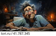 Sleep-deprived man tired from midnight work, computer developer, cartoon style  Generative AI. Стоковое AI-изображение, AI-художник Анна Кривицкая / Фотобанк Лори