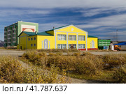 Беринговский, Чукотка, Сибирь, Россия. Дом культуры в поселке городского типа Беринговский. Желтый фасад с изображением муз. Благоустройство на Крайнем Севере России. Редакционное фото, фотограф Андрей Степанов / Фотобанк Лори