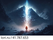 Epic winter arctic landscape. A man stands on a rock and looks into the distance at the mountains. Polar night, stars in the sky. A traveler on a hike in the majestic northern nature. Generative AI. Стоковое AI-изображение, AI-художник Андрей Степанов / Фотобанк Лори