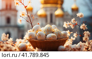 Корзина с разноцветными пасхальными яйцами на фоне золотых куполов церкви. Стоковое AI-изображение, AI-художник Щеголева Ольга / Фотобанк Лори