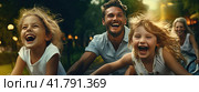 A young father and his children ride a bike in a summer park. The concept of a family holiday. Стоковое AI-изображение, AI-художник Ярославский Максим / Фотобанк Лори