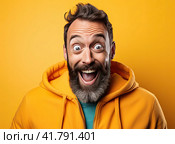 A close-up portrait of a young man in bright clothes with big eyes and an open mouth expressing an emotion of shock or surprise. Стоковое AI-изображение, AI-художник Ярославский Максим / Фотобанк Лори