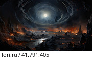Space futuristic landscape with a black planet in the sky. Generated by AI. Стоковое AI-изображение, AI-художник Ярославский Максим / Фотобанк Лори