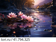 Lotuses on the lake, purple evening sunset light  Generative AI. Стоковое AI-изображение, AI-художник Анна Кривицкая / Фотобанк Лори