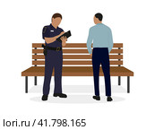 Полицейский в форме, пишущий что-то на листе бумаги, и мужчина в деловом костюме стоят возле деревянной скамьи на белом фоне. Стоковая иллюстрация, иллюстратор Карпенко Алексей / Фотобанк Лори