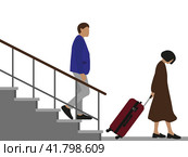 Женщина с чемоданом уходит, а мужчина смотрит на него, стоя на лестнице. Стоковая иллюстрация, иллюстратор Карпенко Алексей / Фотобанк Лори