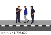 Два офицера полиции в форме и мужчина стоят на тротуаре на белом фоне. Стоковая иллюстрация, иллюстратор Карпенко Алексей / Фотобанк Лори