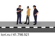 Двое полицейских в форме и женщина стоят на тротуаре. Стоковая иллюстрация, иллюстратор Карпенко Алексей / Фотобанк Лори