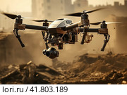 Military drone in flight observing positions. An unmanned aerial vehicle against the backdrop of a burning city. War. Reconnaissance and attack. Modern weapons. Стоковое AI-изображение, AI-художник Ирина Михайличенко / Фотобанк Лори