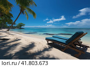 Luxury beach resort, beach loungers near the sea with white sand over sea. View of bavaro beach, punta cana, dominican republic, west indies, caribbean, central america. Стоковое AI-изображение, AI-художник Ирина Михайличенко / Фотобанк Лори