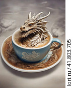 Magical New Year's Eve is full of miracles. A cup of hot strong coffee and a Dragon, a symbol of the New Year according to the eastern calendar. New Year's festive table. Стоковое AI-изображение, AI-художник Сергей Елизарьев / Фотобанк Лори