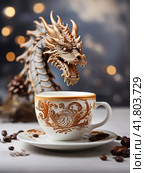 Magical New Year's Eve is full of miracles. A cup of hot strong coffee and a Dragon, a symbol of the New Year according to the eastern calendar. New Year's festive table. Стоковое AI-изображение, AI-художник Сергей Елизарьев / Фотобанк Лори