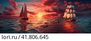 A landscape with a fabulous sunset on the sea and two sailboats. Generated by AI. Стоковое AI-изображение, AI-художник Ярославский Максим / Фотобанк Лори
