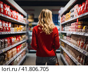 A woman who focuses on conscious consumption thoughtfully navigates the aisles of the supermarket, prioritizing nutritional value. Generated by AI. Стоковое AI-изображение, AI-художник Ярославский Максим / Фотобанк Лори