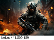 Soldier in a combat zone,  Generative AI. Стоковое AI-изображение, AI-художник Анна Кривицкая / Фотобанк Лори