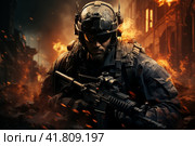 Soldier in a combat zone,  Generative AI. Стоковое AI-изображение, AI-художник Анна Кривицкая / Фотобанк Лори