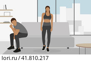 Женщина в спортивной форме и мужчина в комнате с панорамными окнами. Стоковая иллюстрация, иллюстратор Карпенко Алексей / Фотобанк Лори