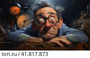Sleep-deprived man tired from midnight work, computer developer, cartoon style  Generative AI. Стоковое AI-изображение, AI-художник Анна Кривицкая / Фотобанк Лори