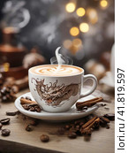 Magical New Year's Eve is full of miracles. A cup of hot strong coffee and a Dragon, a symbol of the New Year according to the eastern calendar. New Year's festive table. Стоковое AI-изображение, AI-художник Сергей Елизарьев / Фотобанк Лори